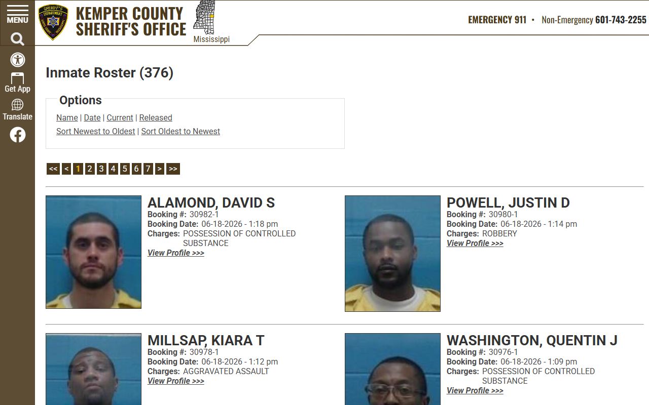 Kemper County current inmate roster with booking photos and roster controls