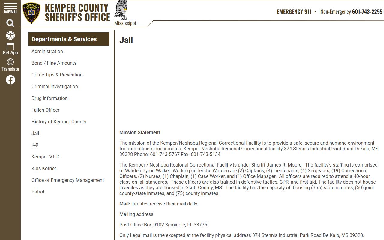 Kemper County jail page showing inmate population capacity and jail services
