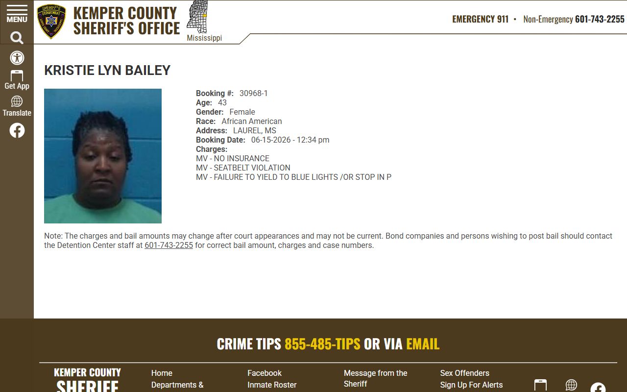 Kemper County inmate records sample booking profile with mugshot and charge fields